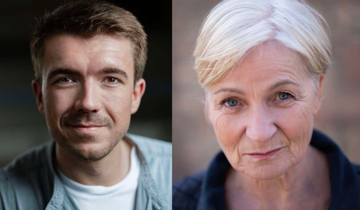 Two actor headshots, side by side. On the left, a male actor photographed in a darker environment and on the left a female actor photographed in natural light.