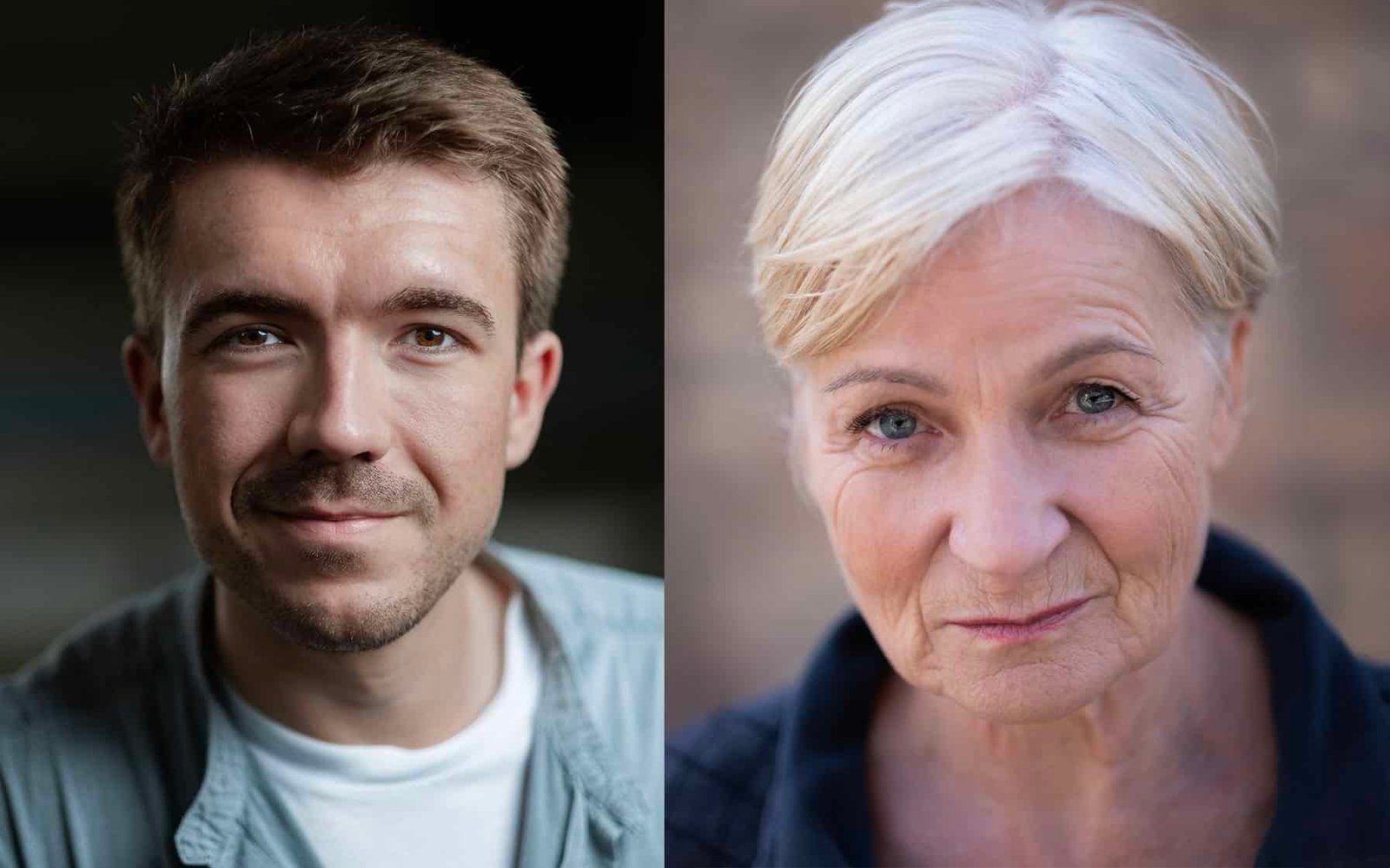 Two actor headshots, side by side. On the left, a male actor photographed in a darker environment and on the left a female actor photographed in natural light.