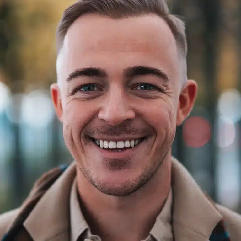 Headshot of Stuart, smiling broadly at the camera on the streets of Glasgow during the autumn of 2023